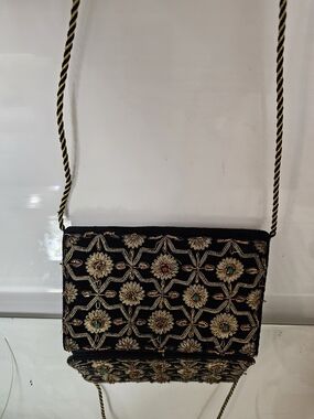 Passports Of Pier 1 Imports Black Embroidered Clutch withGold Floral Motifs
